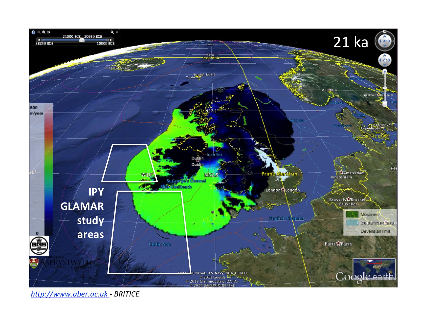Figure – IPY GLAMAR study areas offshore Ireland on a model reconstruction of the British-Irish Ice Sheet c. 21,000 years ago