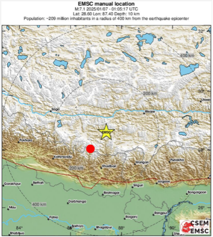  Epicentro del terremoto (stella gialla) e posizione della piramide. Dati dal centro sismologico Euro-Mediterraneo https://www.emsc-csem.org/.